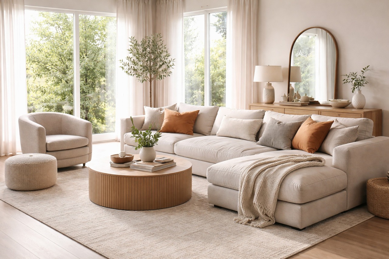 Warm neutral living room with a cream sectional sofa, round wood coffee table and terracotta cushions