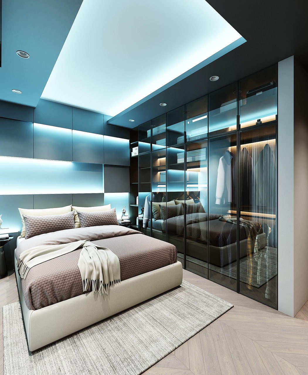 Master bedroom decorated in a neutral palette with soft textures and quiet styling