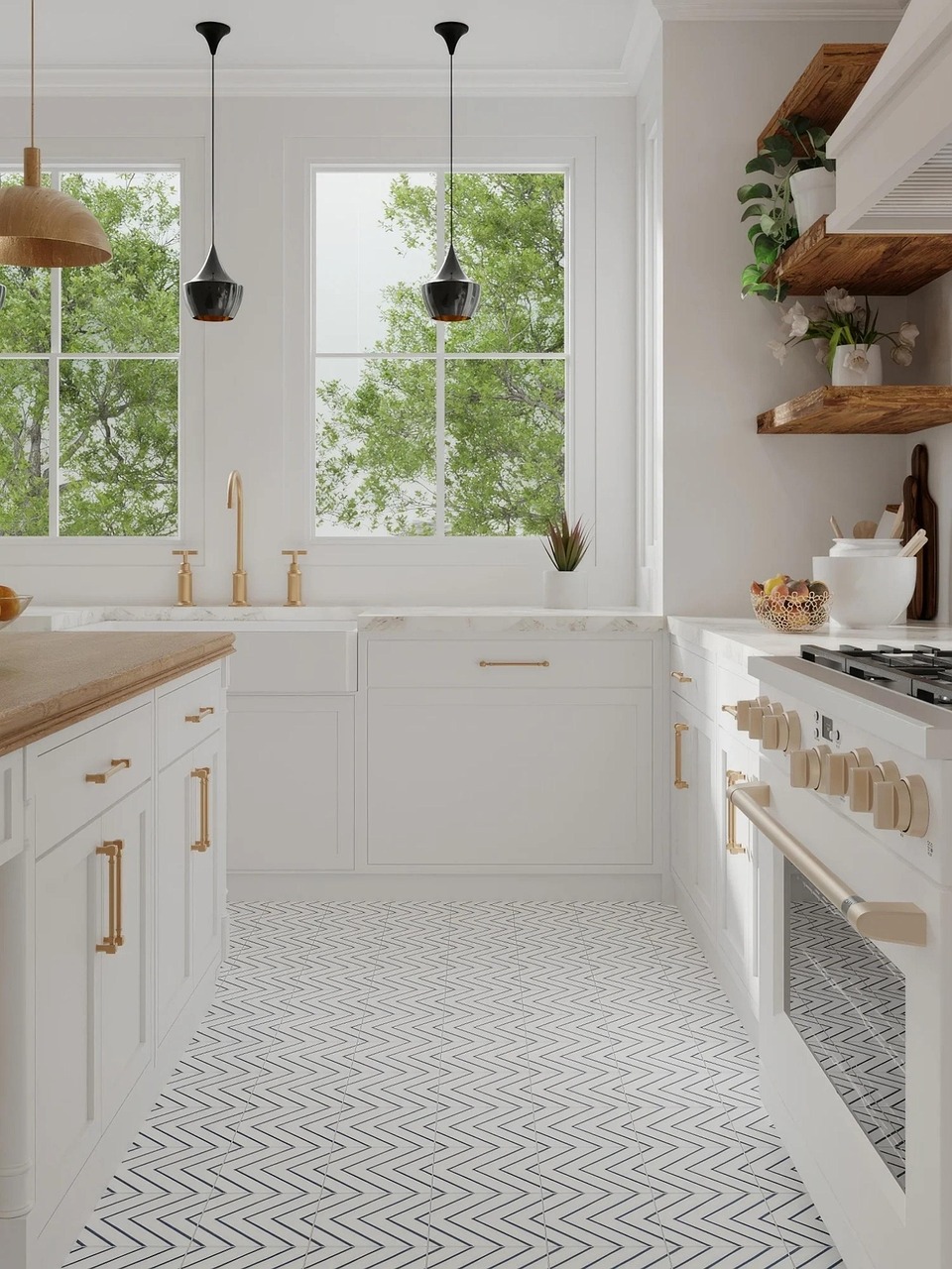 Modern compact kitchen with pale cabinets and open shelving